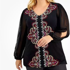 JM Collection women chiffon split sleeve paisley pattern front flowy size 1X top